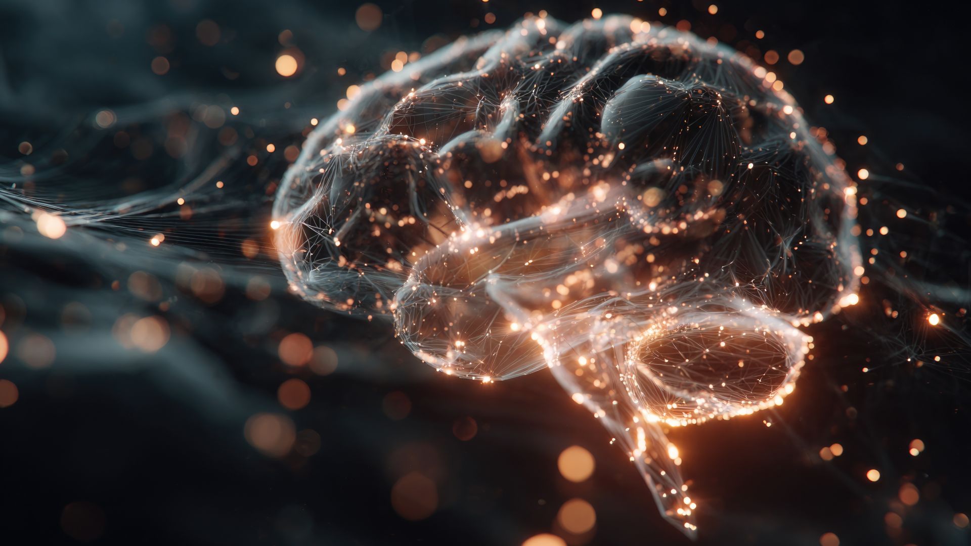 A digital rendering of a human brain with interconnected glowing nodes and lines, representing neural networks or artificial intelligence.