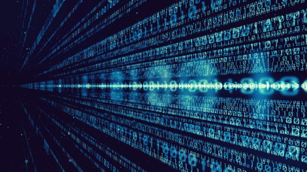 Rows of glowing blue binary code stretch into the distance, creating a digital tunnel effect with light flares in the center.