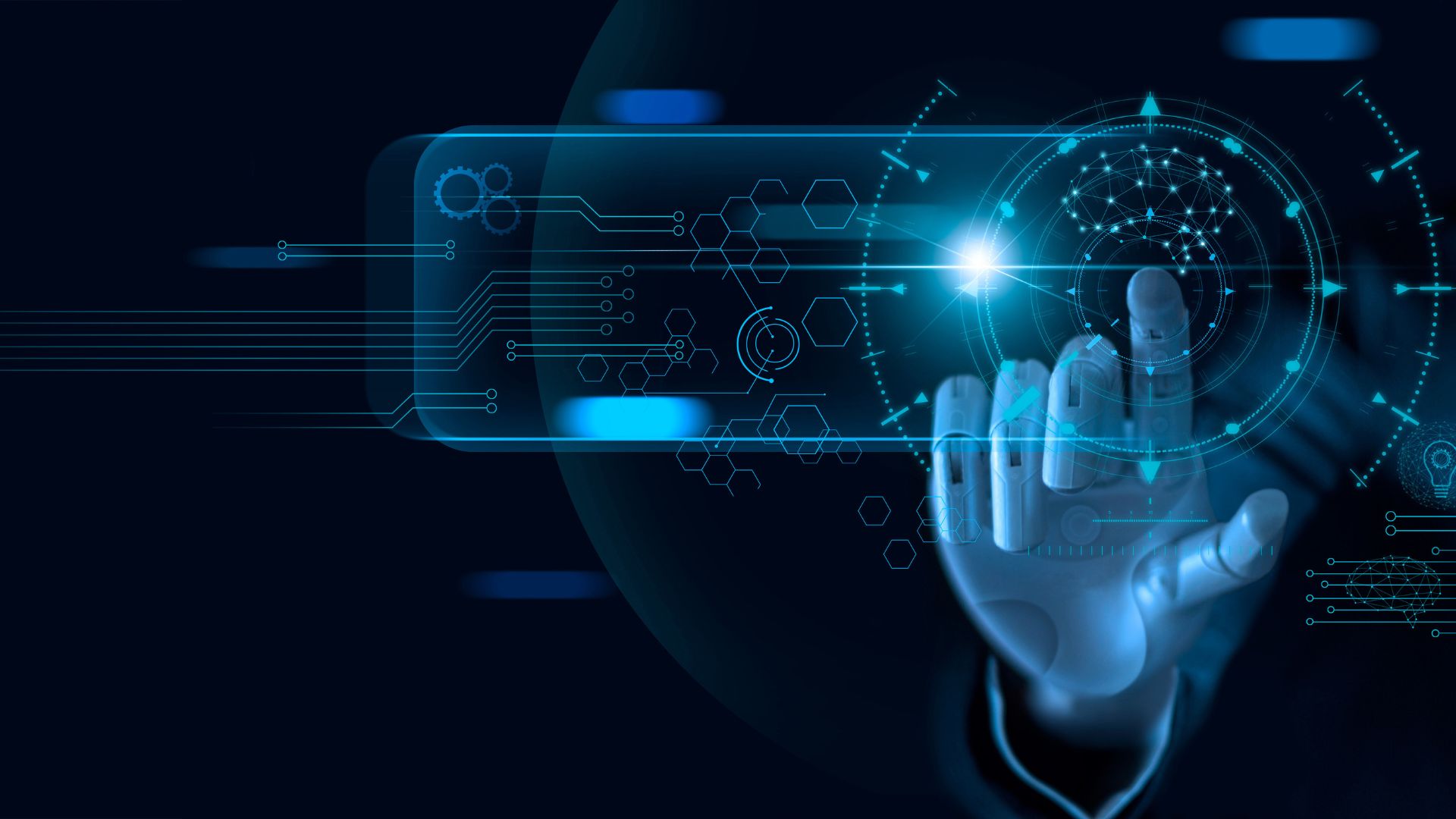 A hand interacts with a digital touchscreen displaying futuristic graphs, hexagonal patterns, and a glowing network interface on a dark background.
