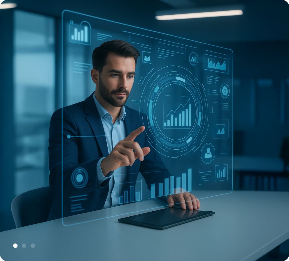 A man in a suit interacts with a transparent digital interface displaying graphs, charts, and data icons in a modern office setting.